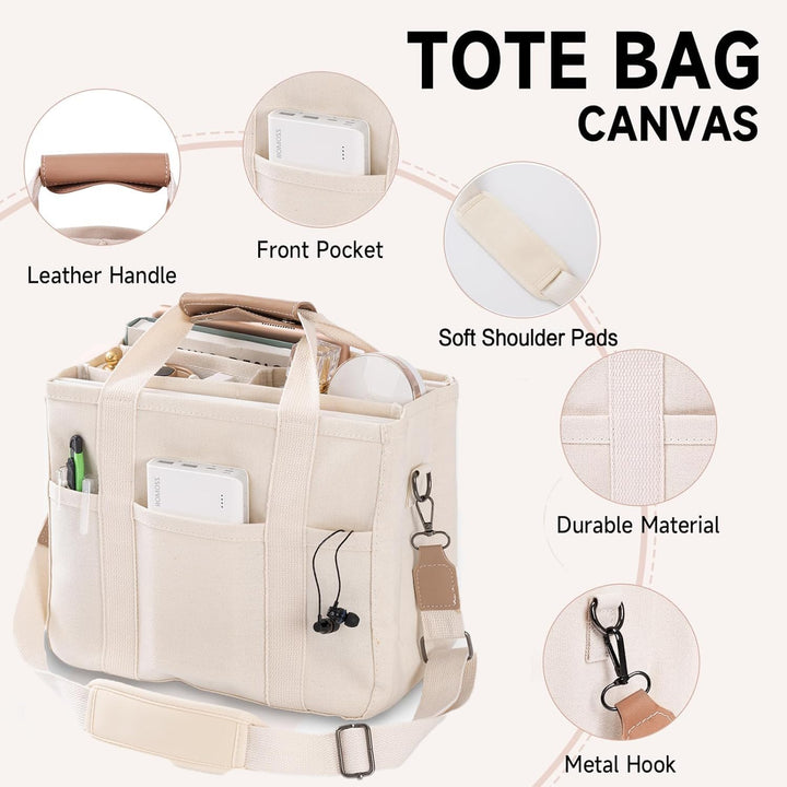 Beige Canvas Tote Bag mit Ledergriff, Fronttasche, weichen Schulterpolstern, Metallhaken.