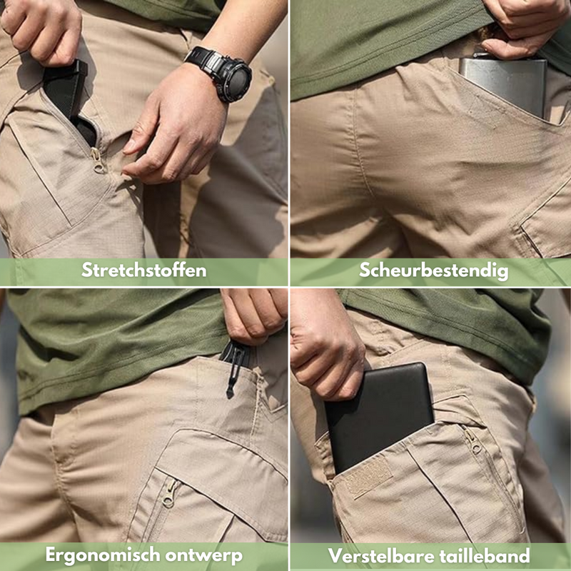 Beige Cargo-Hose, Stretchstoff, reißfest, ergonomisches Design, verstellbarer Bund, Outdoor.