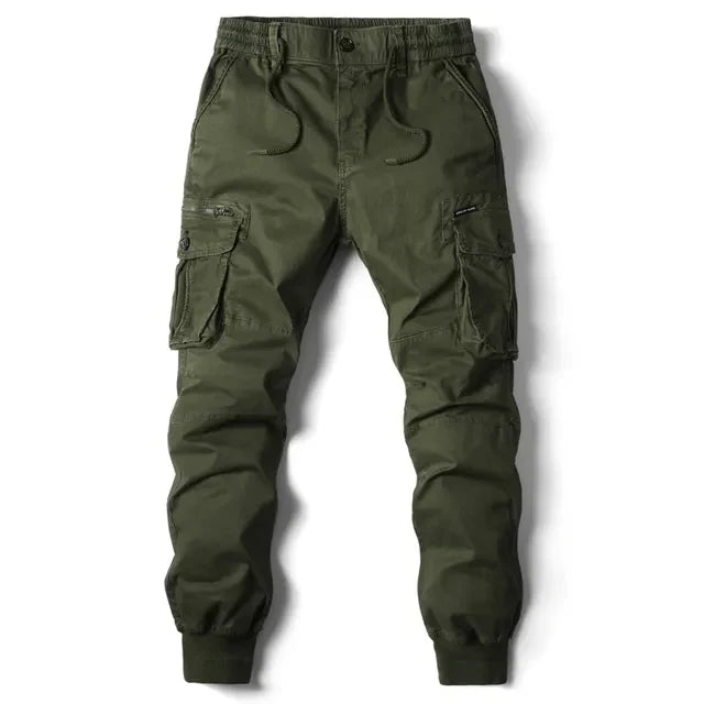 Grüne Herren-Cargohose, Baumwolle, militärischer Stil, Streetwear, Jogging, Voll-Länge.