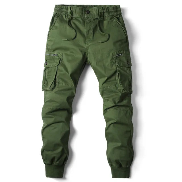 Grüne Herren-Cargohose, Baumwolle, militärischer Stil, Streetwear, Jogging, Voll-Länge.