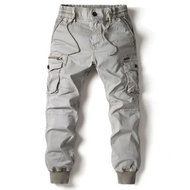 Graue Herren-Cargohose, Baumwolle, militärischer Stil, Streetwear, Jogging, Taschen.