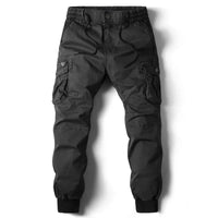 Schwarze Herren-Cargohose, Baumwolle, militärischer Stil, Streetwear, Jogging, Voll-Länge.
