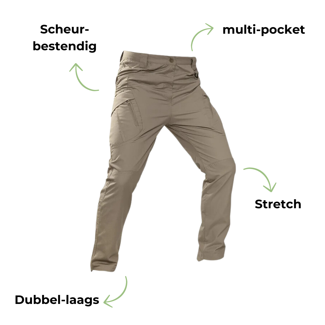 Beige Cargo-Hose, reißfest, multi-pocket, Stretch, doppellagig, ideal für Outdoor-Aktivitäten.