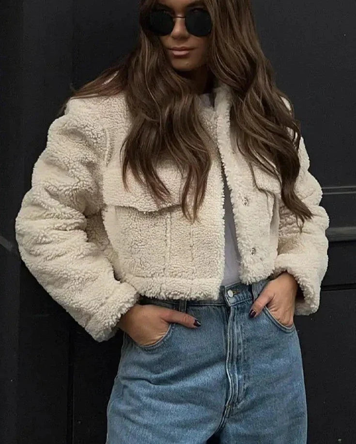 Damen Winterjacke, beige, Kunstlammfell, lange Ärmel, modisch, warm, Streetwear.