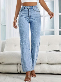 Damen-Jeans mit Perlen, hellblau, High-Waist, modisch, bequem, Freizeitkleidung.