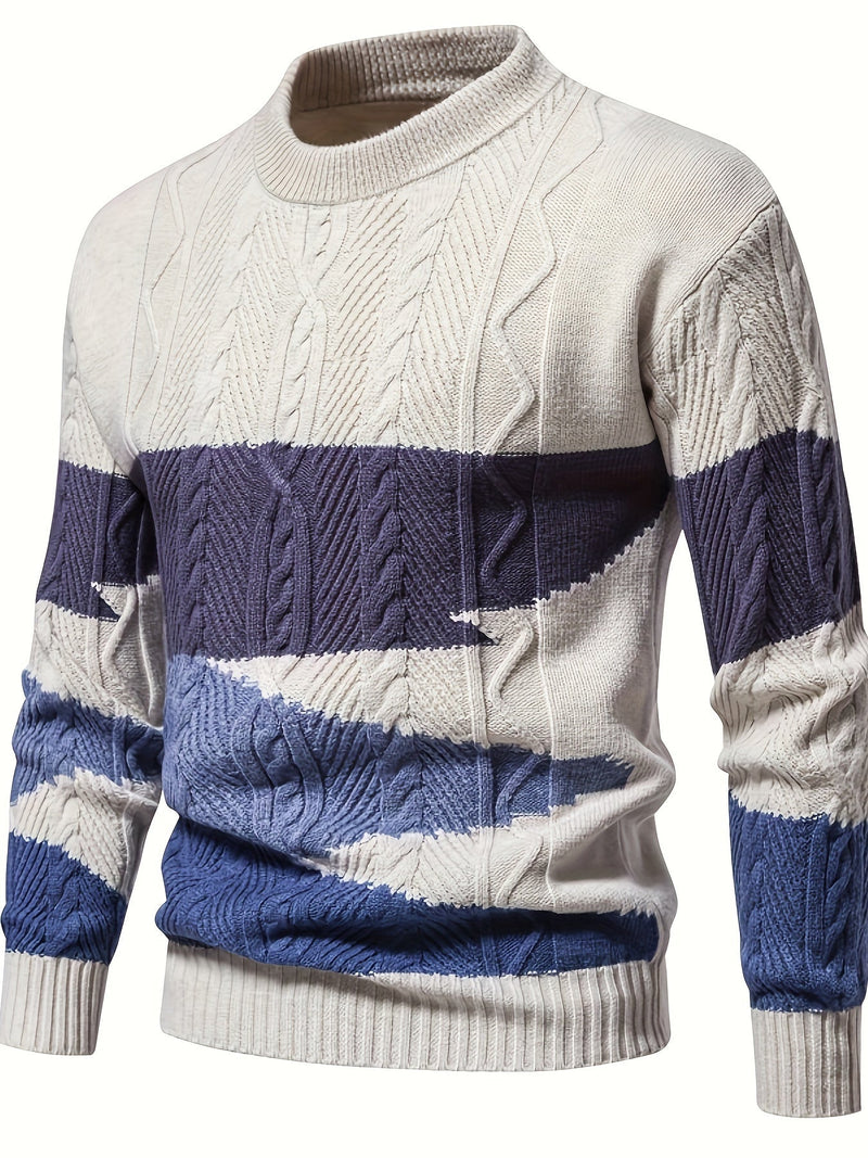 Herren Strickpullover, creme und blau, Zopfmuster, Baumwolle, modisch, warm, Wintermode