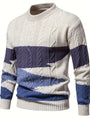 Herren Strickpullover, creme und blau, Zopfmuster, Baumwolle, modisch, warm, Wintermode