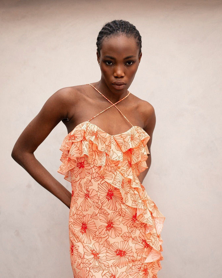 Chiffon-Maxikleid mit Rüschen und gekreuztem Ausschnitt – Elenna