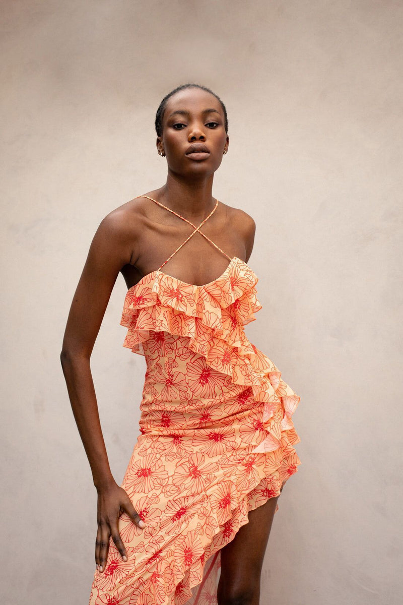 Chiffon-Maxikleid mit Rüschen und gekreuztem Ausschnitt – Elenna