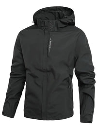 Schwarze wasserdichte Herrenjacke mit Kapuze, Outdoor- und Wanderbekleidung.
