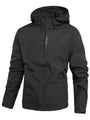 Schwarze wasserdichte Herrenjacke mit Kapuze, Outdoor- und Wanderbekleidung.
