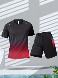 Schwarzes und rotes Sport-Set, T-Shirt und Shorts, atmungsaktiv, für Herren.