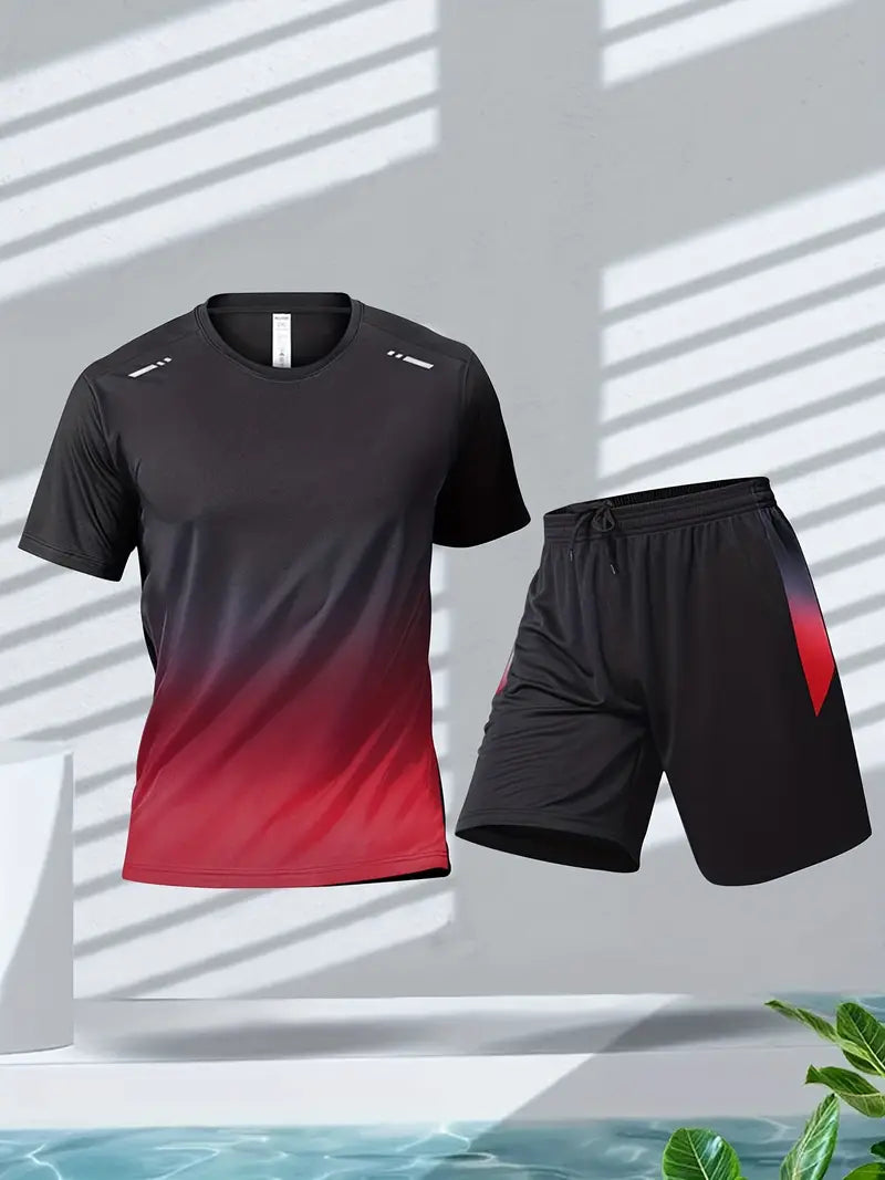Schwarzes und rotes Sport-Set, T-Shirt und Shorts, atmungsaktiv, für Herren.