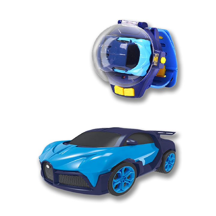 Blaues Spielzeugauto und Helm, Cobaltblau, Kunststoff, Kinder, Rennwagen-Design.