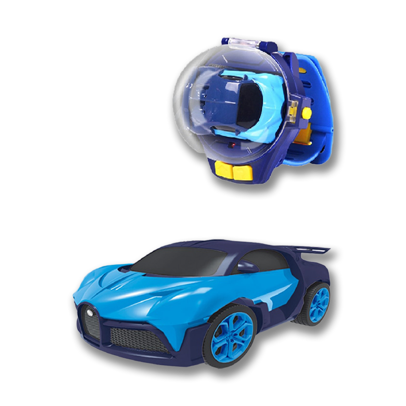 Blaues Spielzeugauto und Helm, Cobaltblau, Kunststoff, Kinder, Rennwagen-Design.