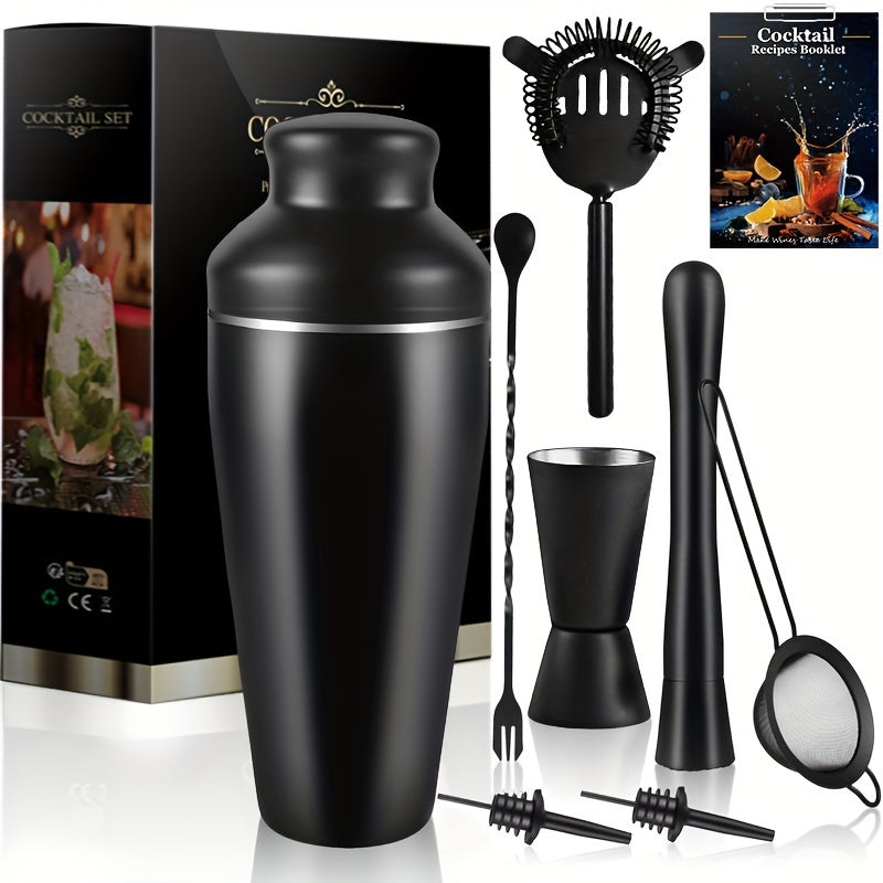 Schwarzes Cocktail-Shaker-Set aus Edelstahl mit Zubehör und Rezeptbuch.