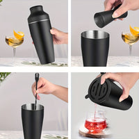 Schwarzer Cocktailshaker aus Edelstahl, modernes Design, ideal für Mixgetränke und Cocktails.