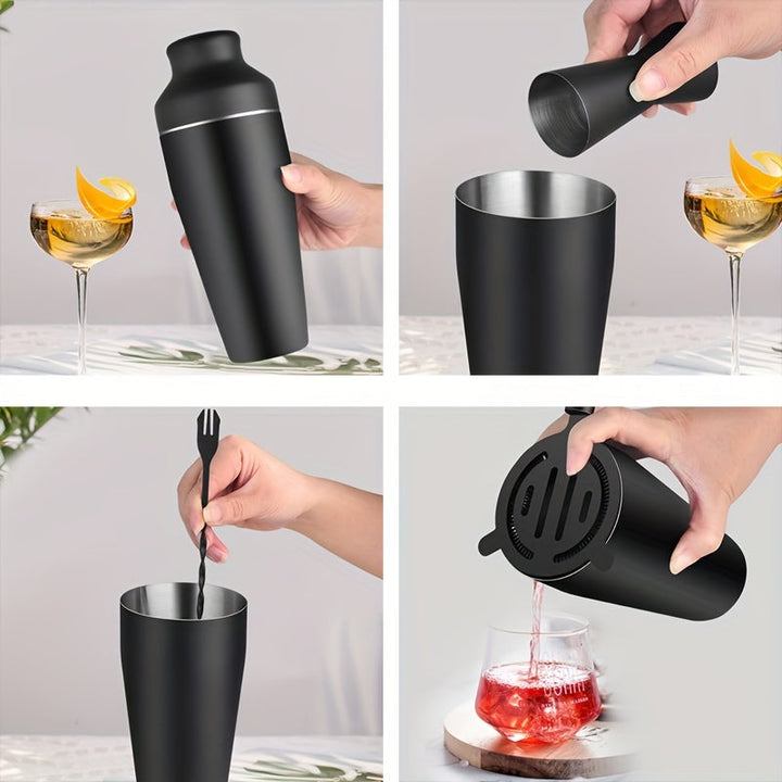 Schwarzer Cocktailshaker aus Edelstahl, modernes Design, ideal für Mixgetränke und Cocktails.