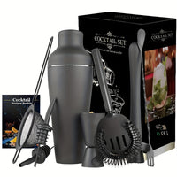 Schwarzes Cocktail-Shaker-Set mit Zubehör und Rezeptbuch, ideal für Barzubehör und Mixgetränke.