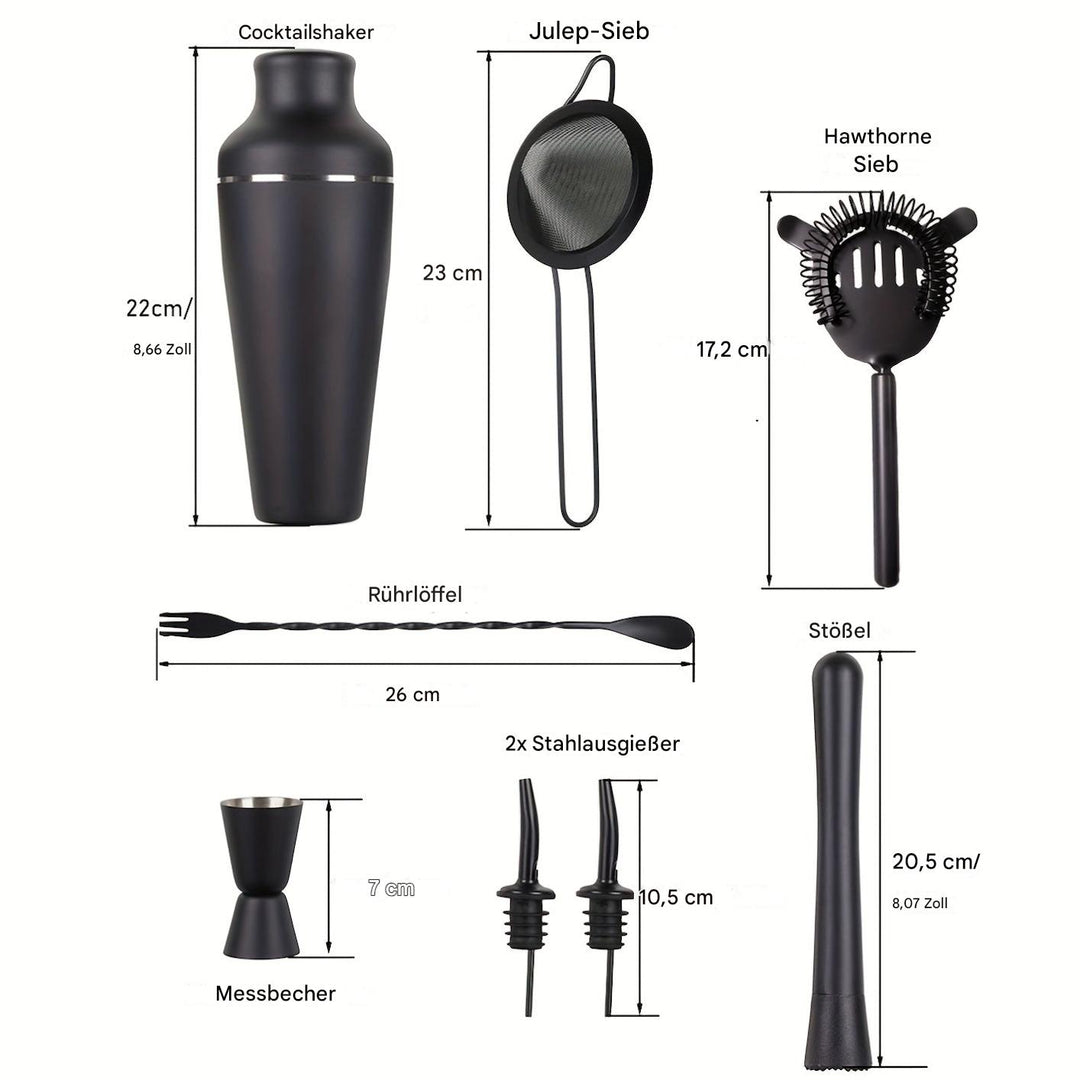 Schwarzes Cocktailshaker-Set aus Edelstahl mit Sieben, Rührlöffel, Messbecher und Ausgießern.