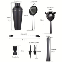 Schwarzes Cocktailshaker-Set aus Edelstahl mit Sieben, Rührlöffel, Messbecher und Ausgießern.