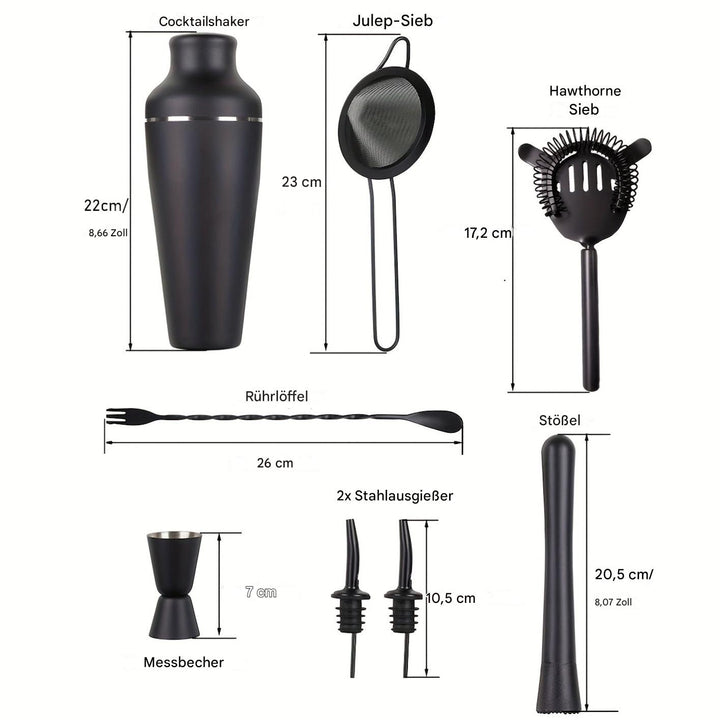 Schwarzes Cocktailshaker-Set aus Edelstahl mit Sieben, Rührlöffel, Messbecher und Ausgießern.