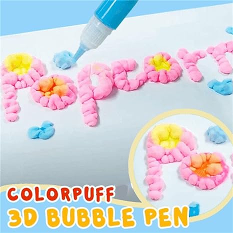Blauer 3D-Bubble-Stift schreibt bunte, erhabene Buchstaben auf weißem Hintergrund.