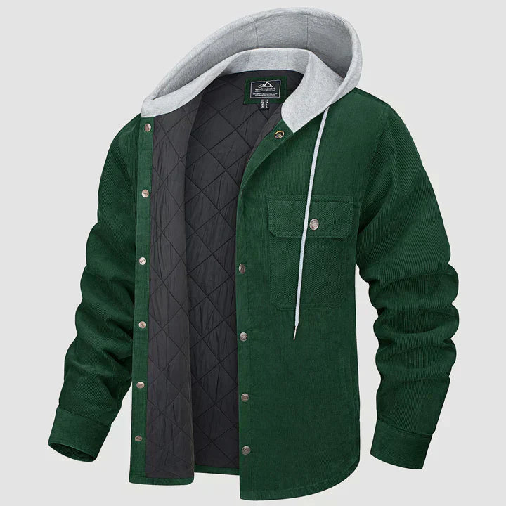 Grüne Cordjacke mit Kapuze, gestepptem Futter, Knopfleiste, 5 Taschen, Herren Wintermantel.