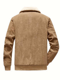 Braune Cordjacke mit Sherpa-Kragen, Herrenmode, Winterjacke, Rückansicht, warm, stilvoll