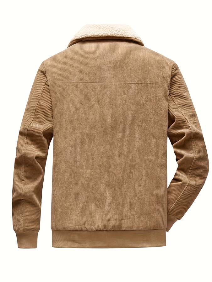 Braune Cordjacke mit Sherpa-Kragen, Herrenmode, Winterjacke, Rückansicht, warm, stilvoll