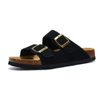 Schwarze Korksandalen mit goldenen Schnallen, bequeme Sommerschuhe für Damen und Herren.