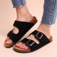Schwarze Korksandalen mit Schnallen, Unisex, bequem, ideal für Sommer, Freizeit, aus Leder.