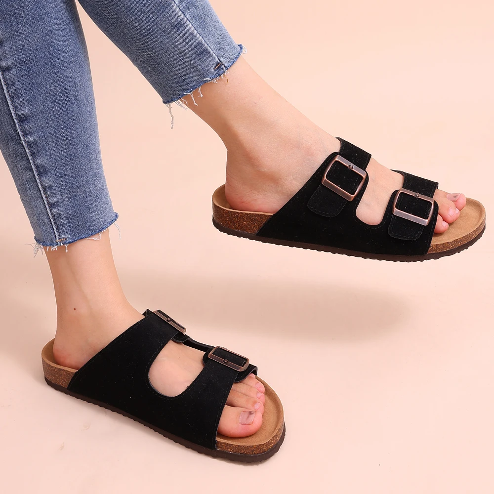 Schwarze Korksandalen mit Schnallen, Damen, bequem, lässig, ideal für Sommermode.