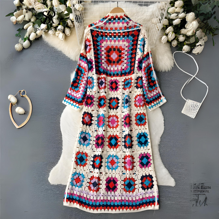 Bunte gehäkelte Strickjacke mit geometrischem Muster, langärmelig, aus Baumwolle, Damenmode.