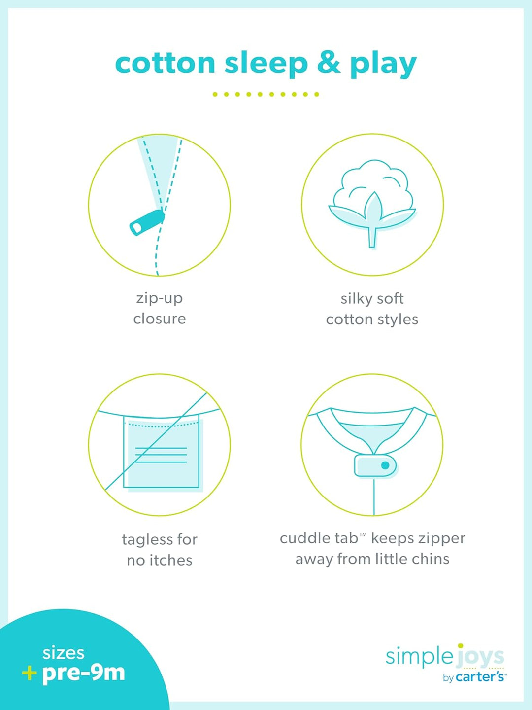 Infografik für Baby-Schlafanzug, Baumwolle, Reißverschluss, etikettenfrei, weicher Stoff.