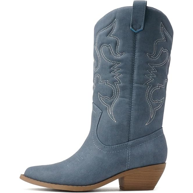 Blaue Cowboy-Stiefel aus Wildleder mit Stickerei, mittlerer Absatz, Western-Design.