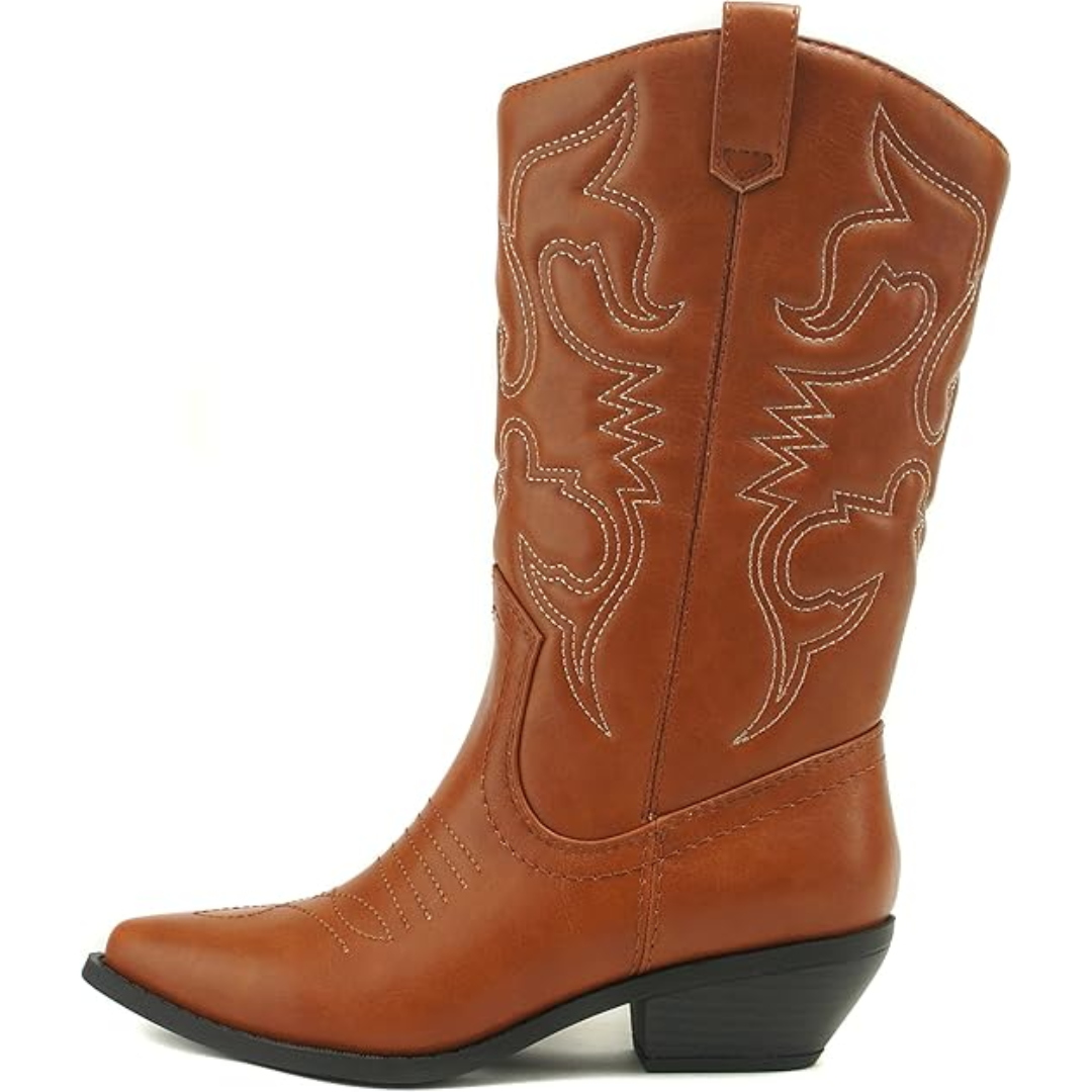 Brauner Cowboy-Stiefel aus Leder mit Stickerei, spitzer Zehenpartie und niedrigem Absatz.