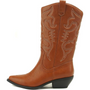 Brauner Cowboy-Stiefel aus Leder mit Stickerei, spitzer Zehenpartie und niedrigem Absatz.