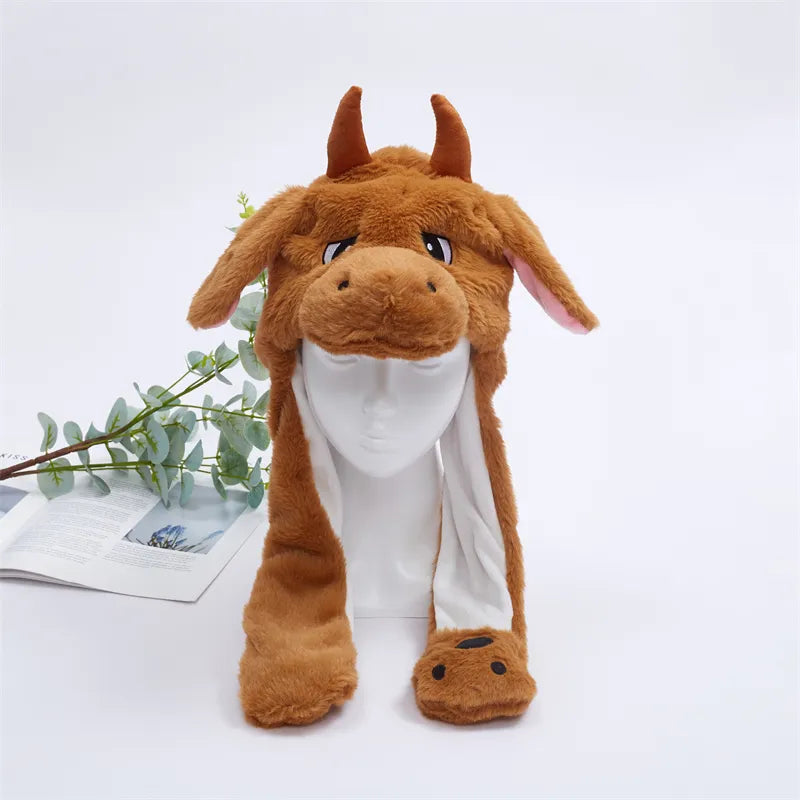 Braune Kuhmütze aus Plüsch mit Hörnern, ideal für Kostüme oder kalte Tage.