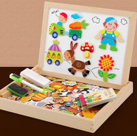 Montessori Holzspielzeug, magnetisches Kreativboard mit bunten Formen und Figuren.