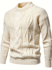 Cremefarbener Strickpullover, Zopfmuster, Herrenmode, Baumwolle, Winterkleidung, elegant.