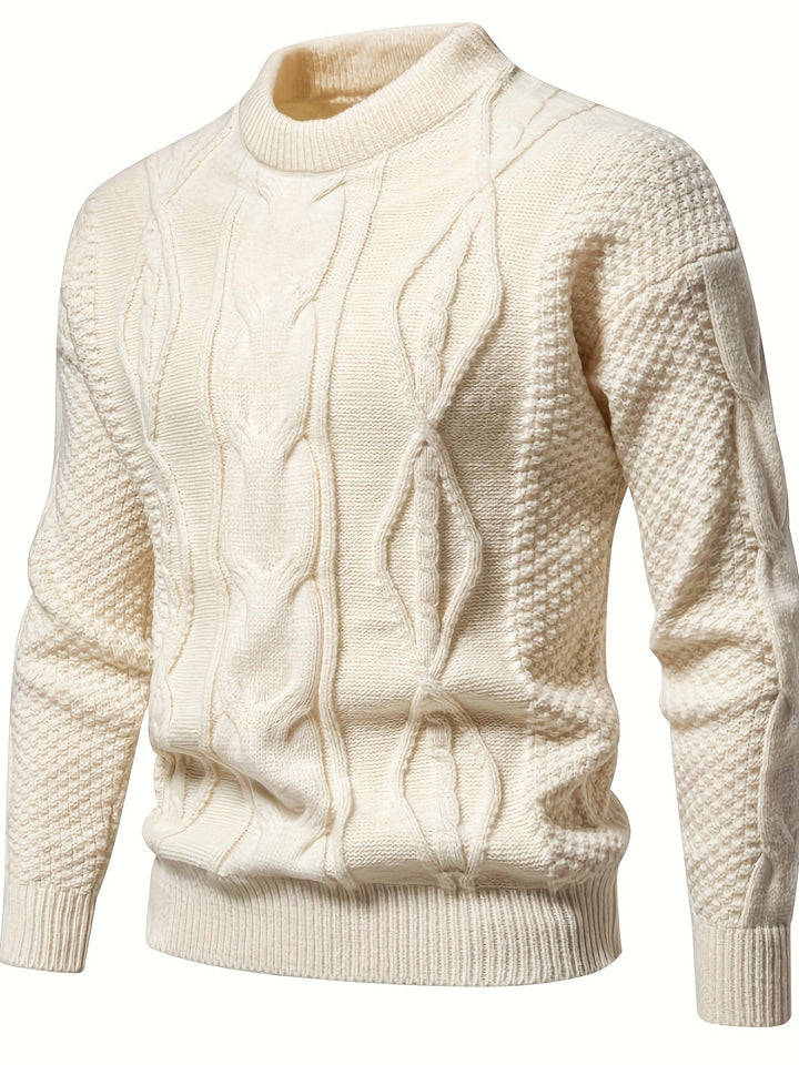 Cremefarbener Strickpullover, Zopfmuster, Herrenmode, Baumwolle, Winterkleidung, elegant.