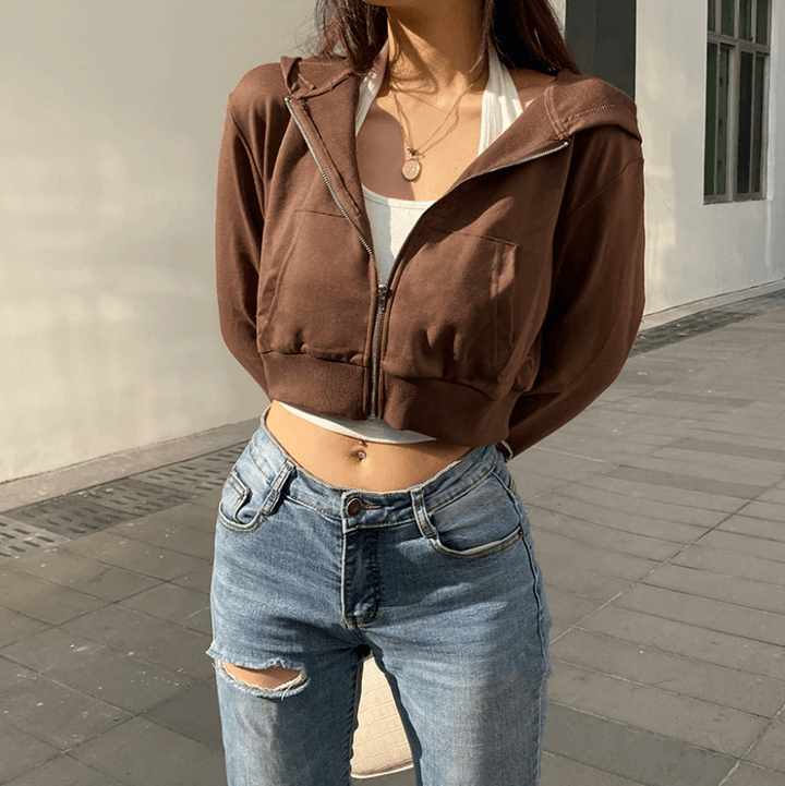 Herbstliche Trendige Figurbetonte Damen Cropped Zip-Up Hoodie mit Kapuze – Alina