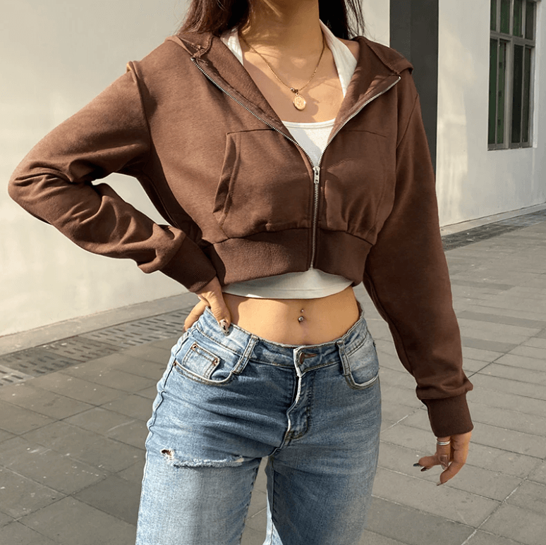 Herbstliche Trendige Figurbetonte Damen Cropped Zip-Up Hoodie mit Kapuze – Alina
