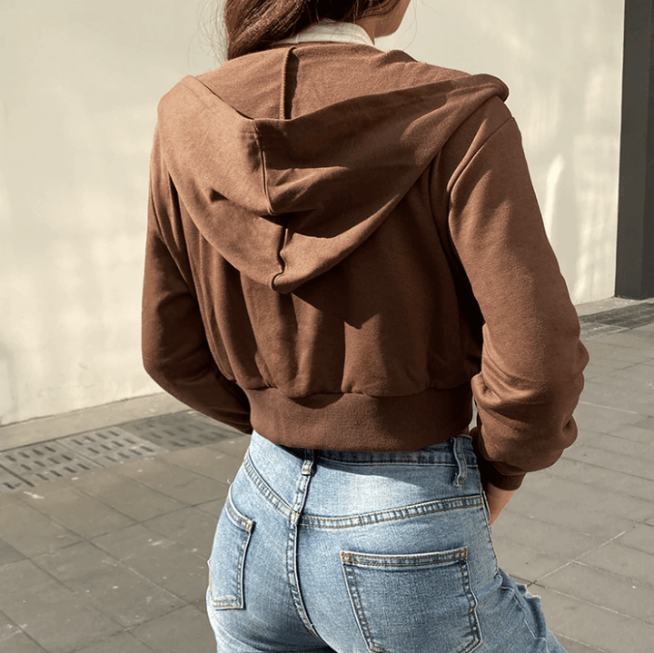 Herbstliche Trendige Figurbetonte Damen Cropped Zip-Up Hoodie mit Kapuze – Alina
