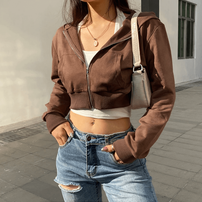 Herbstliche Trendige Figurbetonte Damen Cropped Zip-Up Hoodie mit Kapuze – Alina