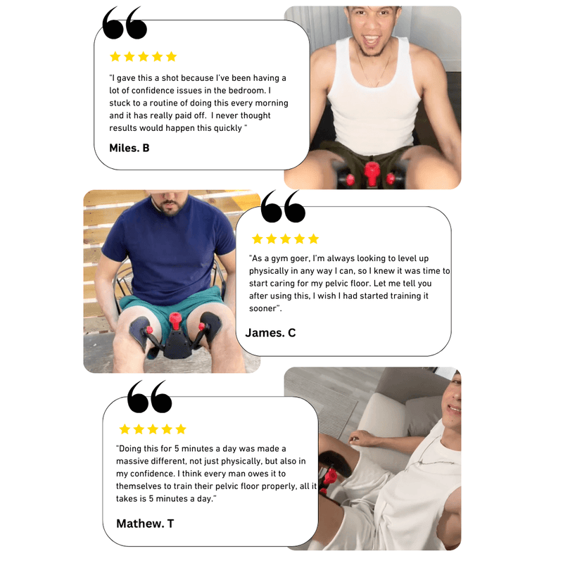 Drei Männer verwenden Beckenbodentrainer, geben positive Bewertungen, Fitness, Gesundheit, Training.