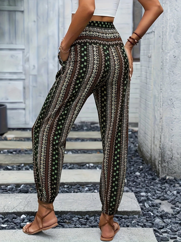 Boho High-Waist Damenhose mit Print & gesmoktem Bund – Linara