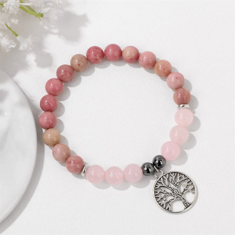 Rosenquarz Armband mit Baum des Lebens Anhänger, rosa Edelstein, elastisch, Damen Schmuck.