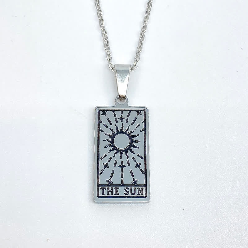 Silberne Tarot-Anhänger-Halskette "The Sun", rechteckig, Edelstahl, esoterischer Schmuck.